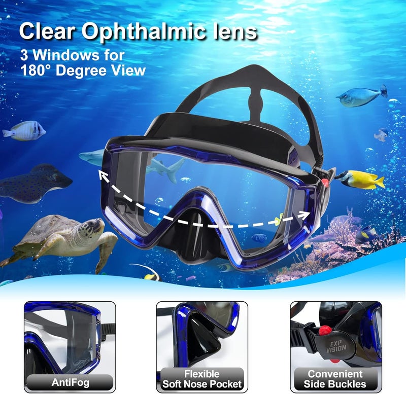 EXP VISION Snorkel Set Pano 3 Window Adult Snorkeling Gear, Professional Snorkel Goggles Anti-Fog Diving Mask, Anti-Leak Swim Goggles and Dry Top Snorkel for Diving, Snorkeling, Swimming - Image 2